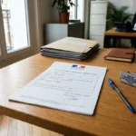 Document administratif sur une table de bureau, avec stylo et timbre, à côté d’un classeur et d’un ordinateur; ambiance agence. intégré: modèle attestation travailleurs détachés.