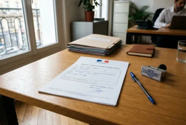Document administratif sur une table de bureau, avec stylo et timbre, à côté d’un classeur et d’un ordinateur; ambiance agence. intégré: modèle attestation travailleurs détachés.