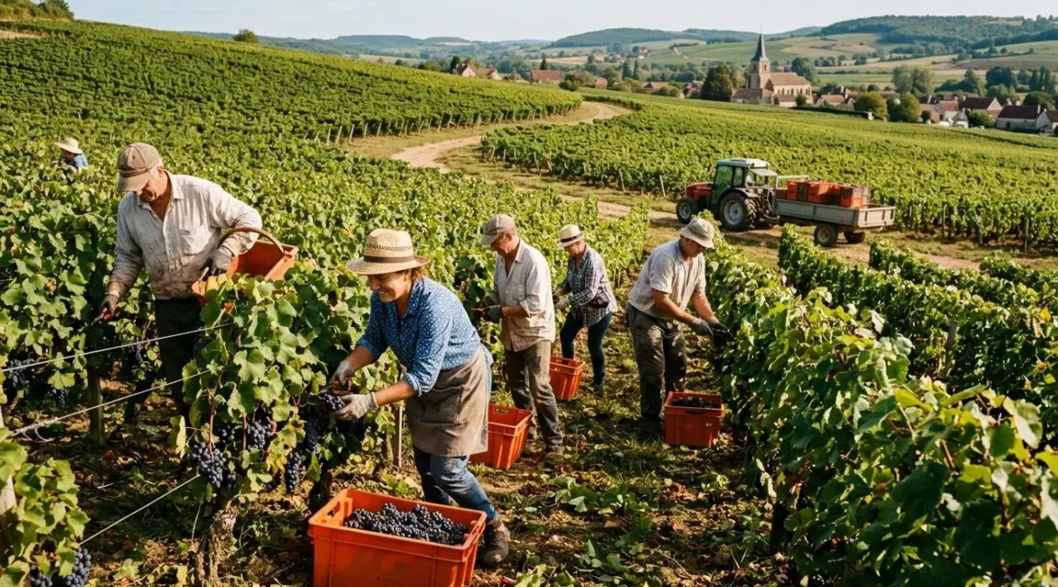 Groupe de travailleurs récoltant des raisins dans un vignoble, collecte en caisses oranges près des rangs, paysage rural et village au loin. Recrutement secteur agricole.