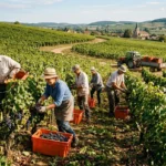 Groupe de travailleurs récoltant des raisins dans un vignoble, collecte en caisses oranges près des rangs, paysage rural et village au loin. Recrutement secteur agricole.