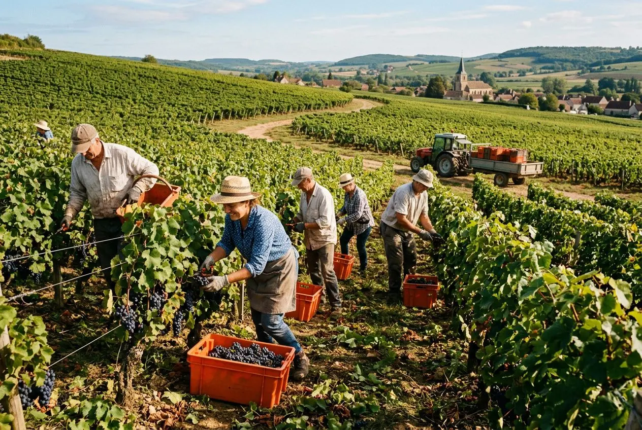 Groupe de travailleurs récoltant des raisins dans un vignoble, collecte en caisses oranges près des rangs, paysage rural et village au loin. Recrutement secteur agricole.