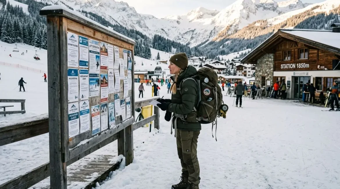 Homme backpacker en ski de randonnée consulte une affiche d’offres dans une station de ski enneigée, montagnes en arrière-plan. Emploi saisonnier hiver intégré naturellement.