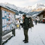 Homme backpacker en ski de randonnée consulte une affiche d’offres dans une station de ski enneigée, montagnes en arrière-plan. Emploi saisonnier hiver intégré naturellement.