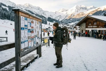 Homme backpacker en ski de randonnée consulte une affiche d’offres dans une station de ski enneigée, montagnes en arrière-plan. Emploi saisonnier hiver intégré naturellement.