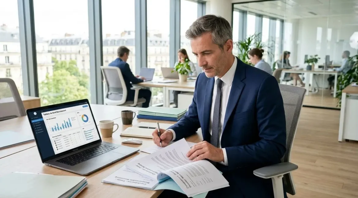 Hommes d’affaires en costume au bureau, relisant des documents près d’un ordinateur portable affichant des graphiques, ambiance professionnelle et lumineuse. solutions recrutement personnel.