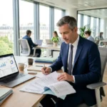 Hommes d’affaires en costume au bureau, relisant des documents près d’un ordinateur portable affichant des graphiques, ambiance professionnelle et lumineuse. solutions recrutement personnel.