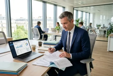 Hommes d’affaires en costume au bureau, relisant des documents près d’un ordinateur portable affichant des graphiques, ambiance professionnelle et lumineuse. solutions recrutement personnel.