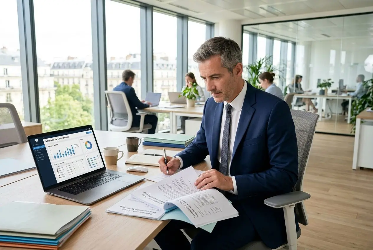 Hommes d’affaires en costume au bureau, relisant des documents près d’un ordinateur portable affichant des graphiques, ambiance professionnelle et lumineuse. solutions recrutement personnel.