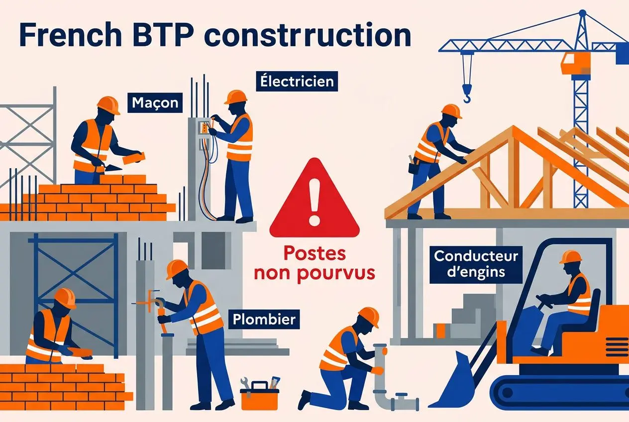 Illustration BTP français: ouvriers sur un chantier, maçonnerie, électricien, plombier, conducteur d’engins, queue de postes non pourvus, grues et ossature bois, message sécurité. Problèmes du secteur de la construction.