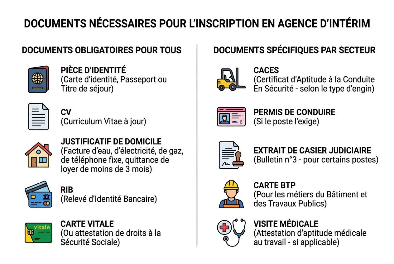 Liste des documents nécessaires pour l’inscription en agence d’intérim, avec mentions obligatoires et détails par secteur.
