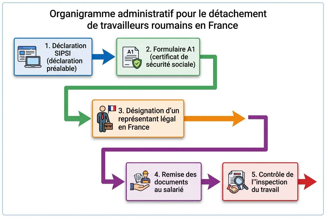 Organigramme administratif pour le détachement de travailleurs roumains en France, montrant les étapes: déclaration préalable, formulaire A1, désignation d’un représentant légal, remise des documents au salarié et contrôle de l’inspection du travail.
