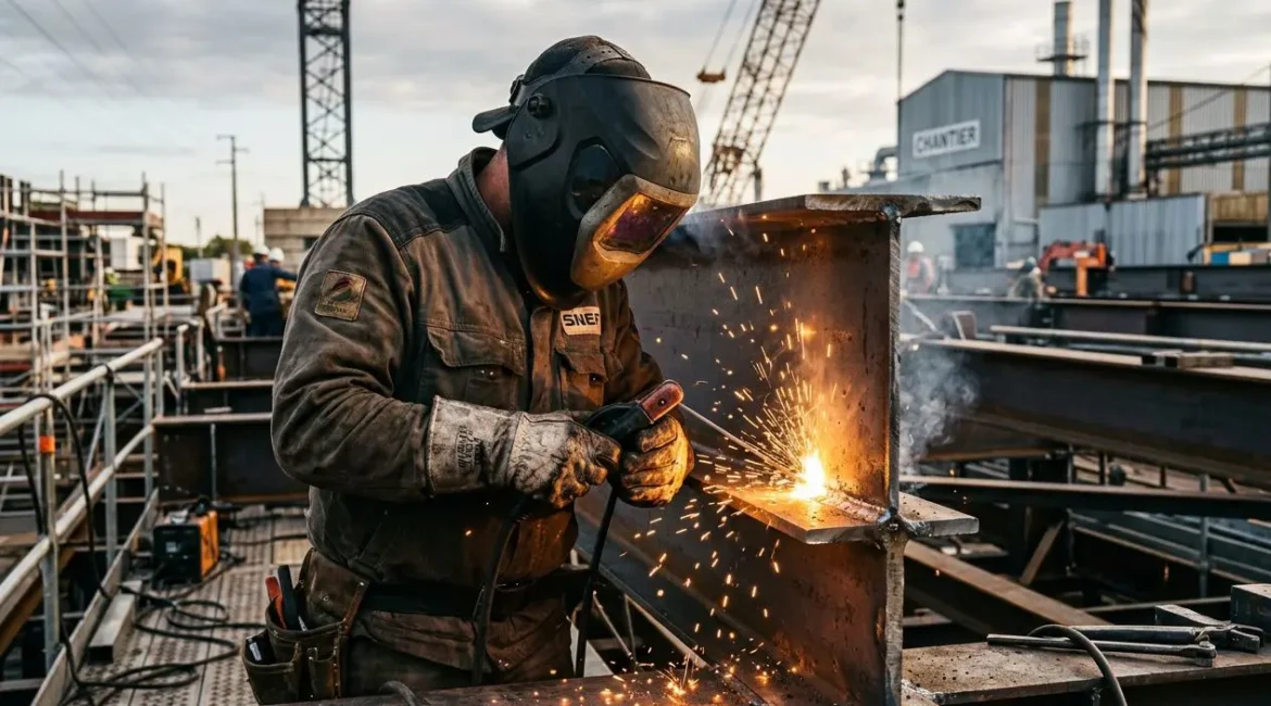 Soudeur roumain en formation, équipé d’un casque et de protection, travaillant sur une pièce métallique avec des étincelles dans un chantier industriel. Agence interim franco roumaine soudeur.