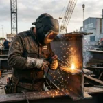 Soudeur roumain en formation, équipé d’un casque et de protection, travaillant sur une pièce métallique avec des étincelles dans un chantier industriel. Agence interim franco roumaine soudeur.