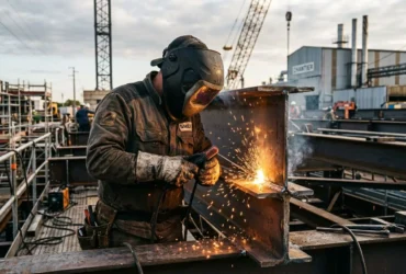 Soudeur roumain en formation, équipé d’un casque et de protection, travaillant sur une pièce métallique avec des étincelles dans un chantier industriel. Agence interim franco roumaine soudeur.