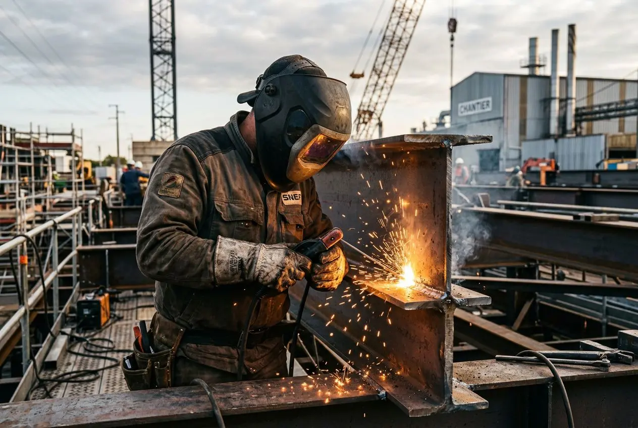 Soudeur roumain en formation, équipé d’un casque et de protection, travaillant sur une pièce métallique avec des étincelles dans un chantier industriel. Agence interim franco roumaine soudeur.