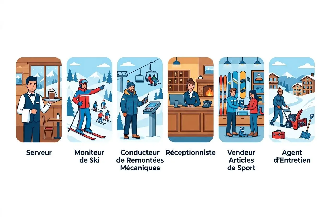 Suite d’emplois saisonniers d’hiver en station: serveur, moniteur de ski, conducteur de remontées, réceptionniste, vendeur articles de sport, agent d’entretien.
