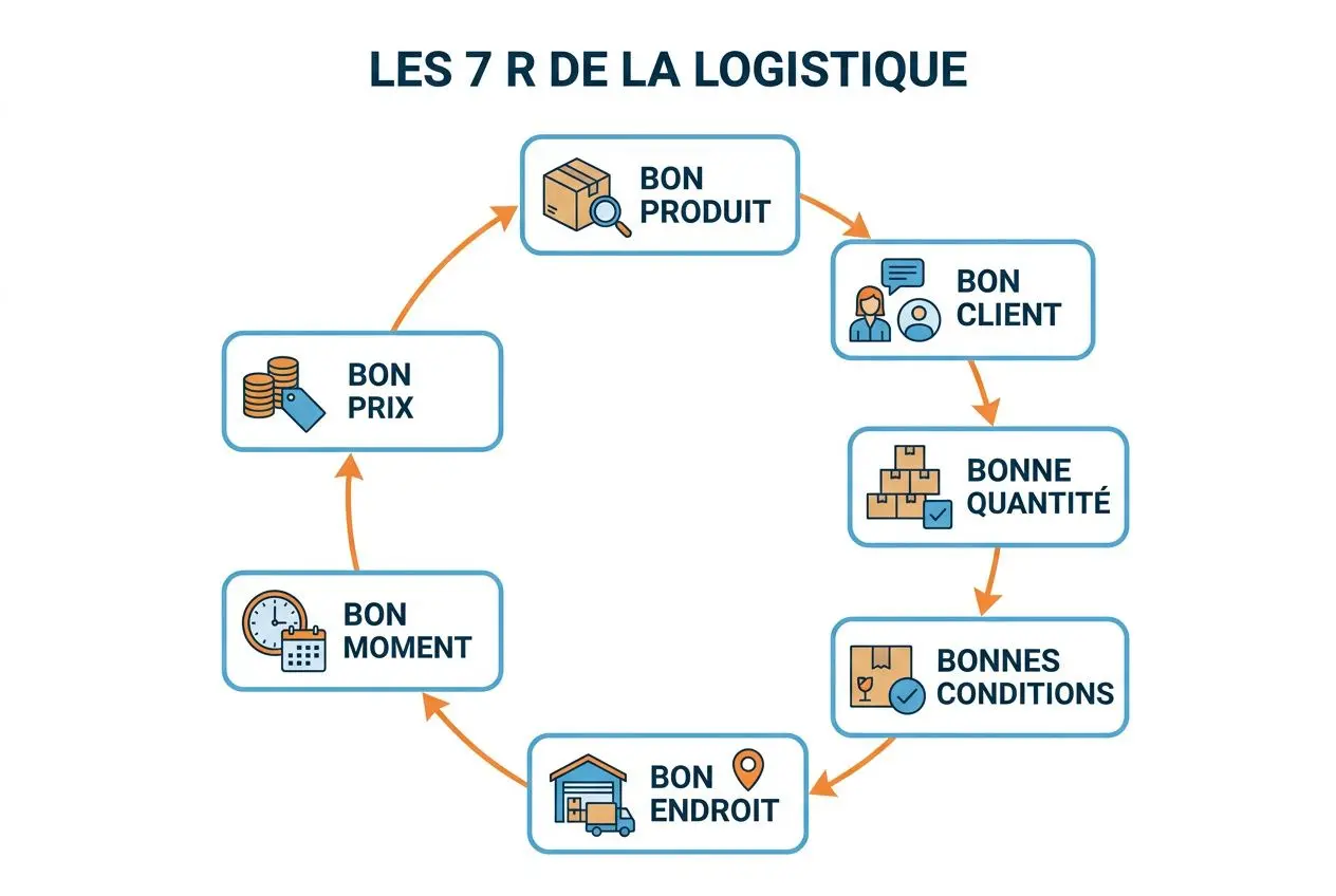 Les 7 r de la logistique : illustration circulaire montrant bon produit, bon client, bonne quantité, bonnes conditions, bon endroit, bon moment et bon prix.