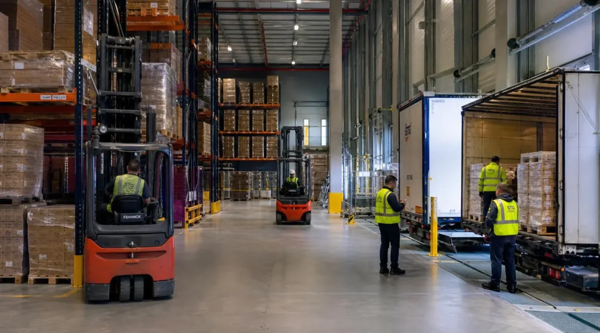 Agence intérim logistique: opérateurs en zone de stockage manipulant palettes et manutentionnaires près d’un quai de chargement dans un entrepôt.