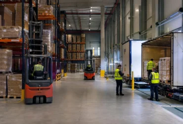 Agence intérim logistique: opérateurs en zone de stockage manipulant palettes et manutentionnaires près d’un quai de chargement dans un entrepôt.