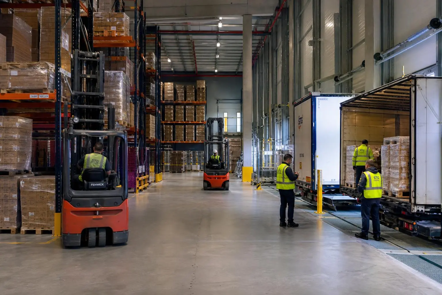 Agence intérim logistique: opérateurs en zone de stockage manipulant palettes et manutentionnaires près d’un quai de chargement dans un entrepôt.