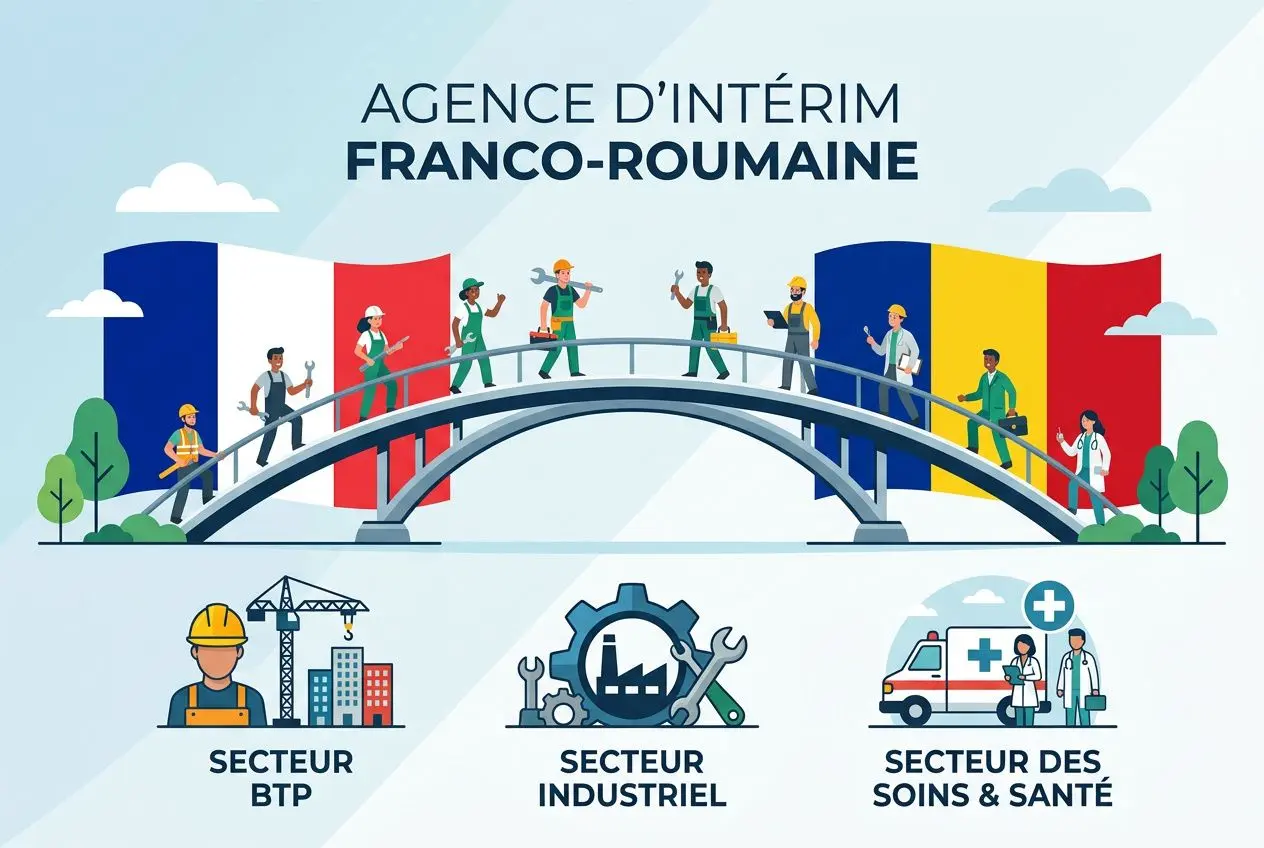 Agence intérim travailleur étranger : illustration montrant un pont et des travailleurs multinationaux, secteurs BTP, industriel et soins.