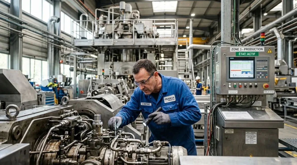 Agent de production industriel en atelier, ajustant une machine dans une ligne de fabrication, système de contrôle affichant des données. agence intérim spécialisée industrie #intégré?