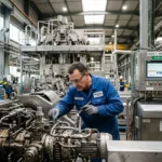 Agent de production industriel en atelier, ajustant une machine dans une ligne de fabrication, système de contrôle affichant des données. agence intérim spécialisée industrie #intégré?