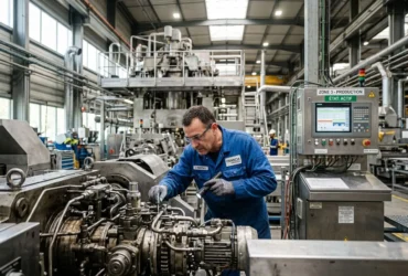 Agent de production industriel en atelier, ajustant une machine dans une ligne de fabrication, système de contrôle affichant des données. agence intérim spécialisée industrie #intégré?