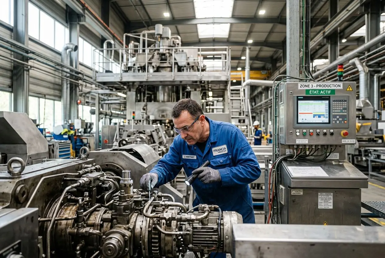 Agent de production industriel en atelier, ajustant une machine dans une ligne de fabrication, système de contrôle affichant des données. agence intérim spécialisée industrie #intégré?
