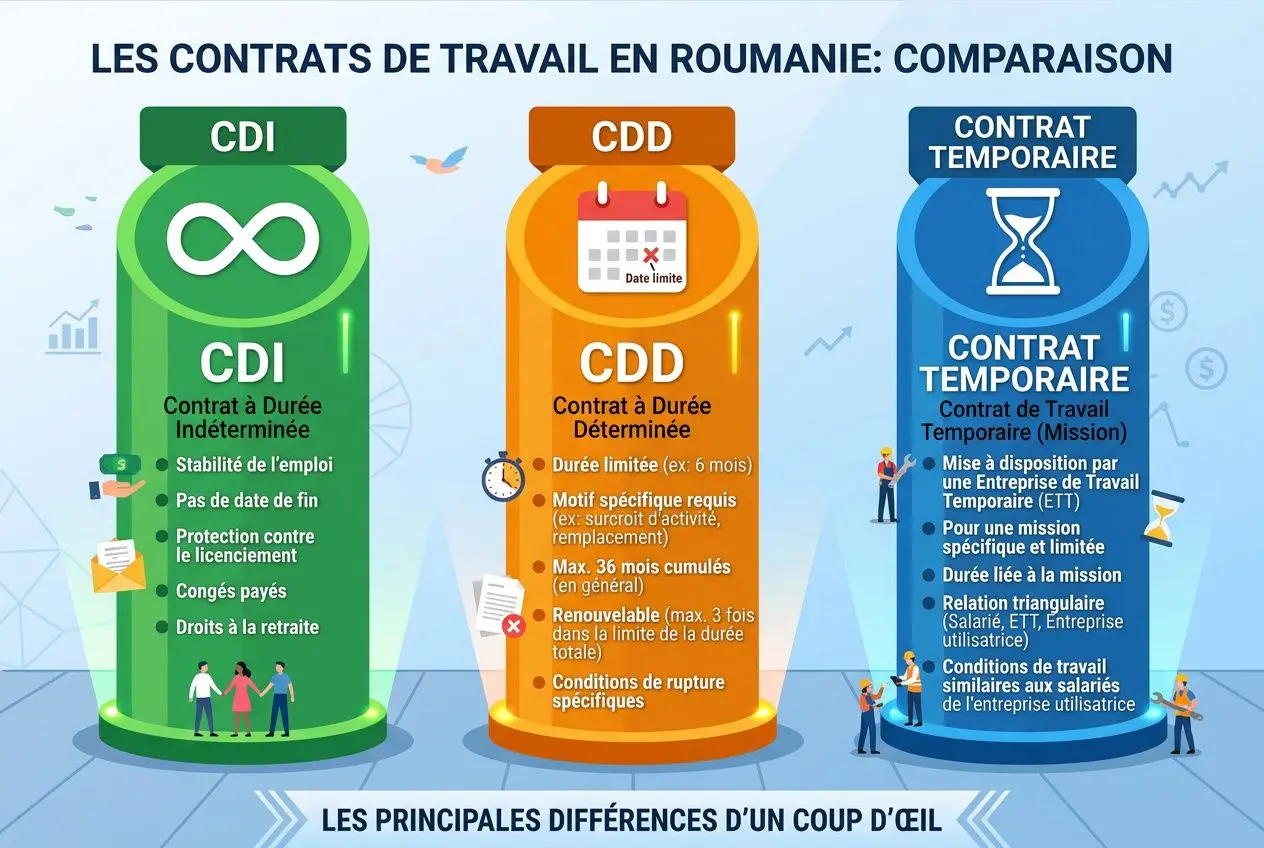 Comparaison des types de contrat en Roumanie: CDI, CDD et contrat temporaire, avec leurs caractéristiques affichées.