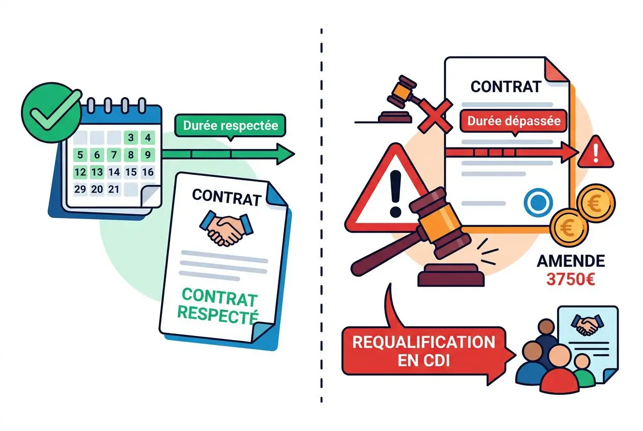 Comparaison visuelle: contrat intérimaire respecté à gauche, dépassement et amende 3750€ à droite, symboles de réqualification et avertissements. duréée maximum contrat d intérim intégrée.
