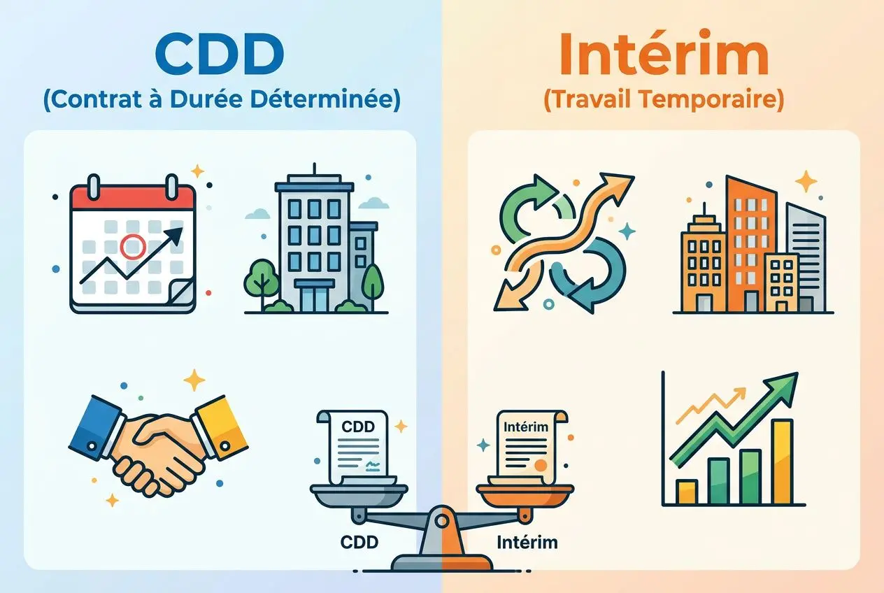 Comparatif visuel entre CDD et intérim: icônes de contrat, bâtiment et poignée de main symbolisant accord, balance et graphiques de progression. Différence entre CDD et intérim pour le salarié.