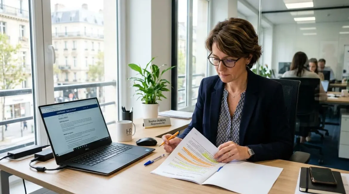 Consultante en bureau lumineux étudie un document sur fond d’ordinateur portable et de conseils sur la durée maximum contrat d intérim.
