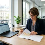 Consultante en bureau lumineux étudie un document sur fond d’ordinateur portable et de conseils sur la durée maximum contrat d intérim.