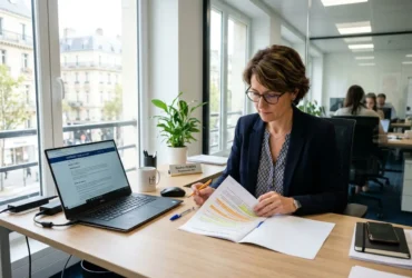 Consultante en bureau lumineux étudie un document sur fond d’ordinateur portable et de conseils sur la durée maximum contrat d intérim.