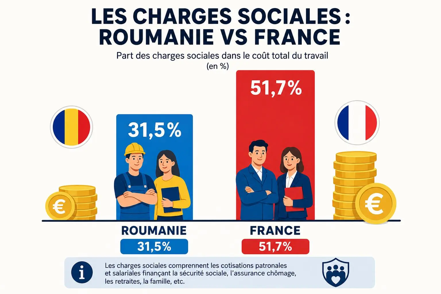 Détail graphique: charges sociales en Roumanie vs France avec 31,5% et 51,7%, icônes de travailleur et pièces d’or, drapeaux Roumanie et France.