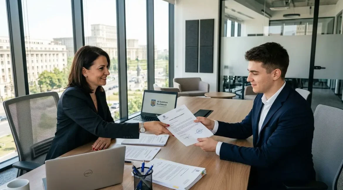 Deux professionnels en entretien de travail signent un contrat sur un bureau moderne, documents à portée de main. Contrat de travail roumanie intégré.