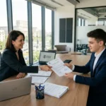 Deux professionnels en entretien de travail signent un contrat sur un bureau moderne, documents à portée de main. Contrat de travail roumanie intégré.