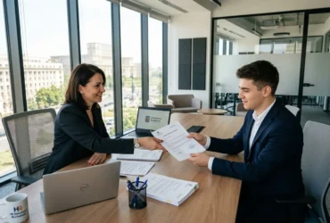 Deux professionnels en entretien de travail signent un contrat sur un bureau moderne, documents à portée de main. Contrat de travail roumanie intégré.