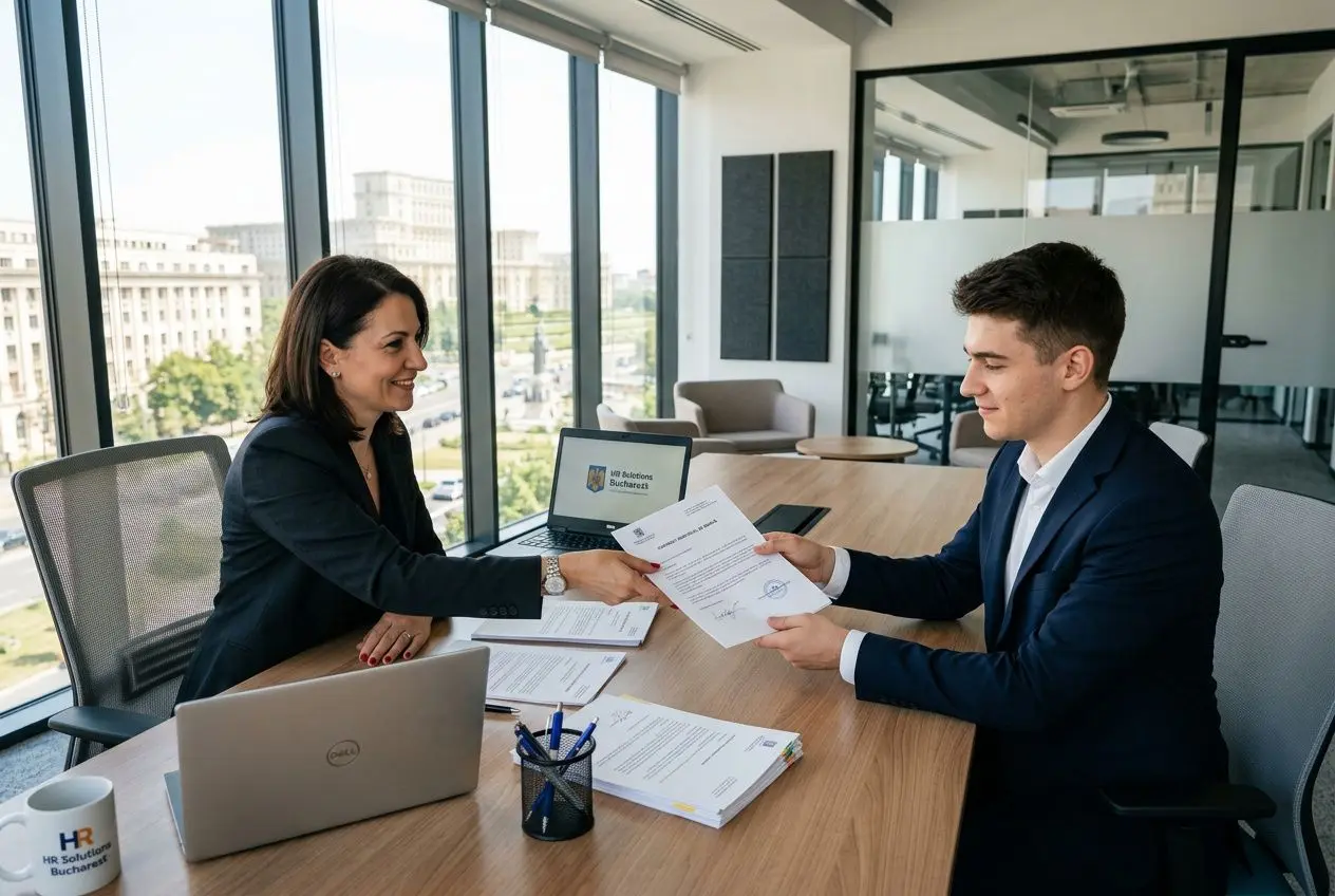 Deux professionnels en entretien de travail signent un contrat sur un bureau moderne, documents à portée de main. Contrat de travail roumanie intégré.