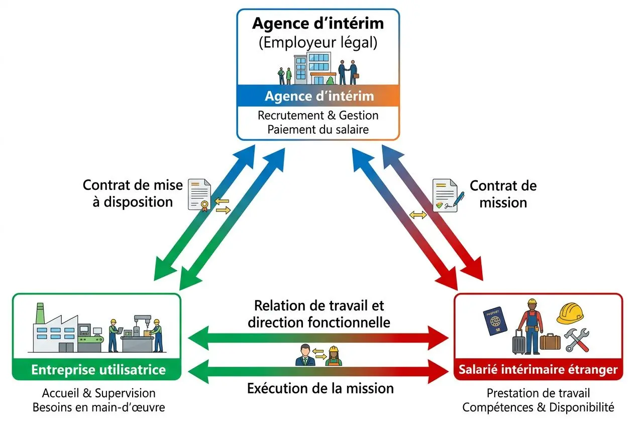 Diagramme sur l’agence d’intérim: relation entre entreprise utilisatrice et salarié intérimaire étranger, avec transfert de mission et gestion des contrats. agence interim travailleur étranger.