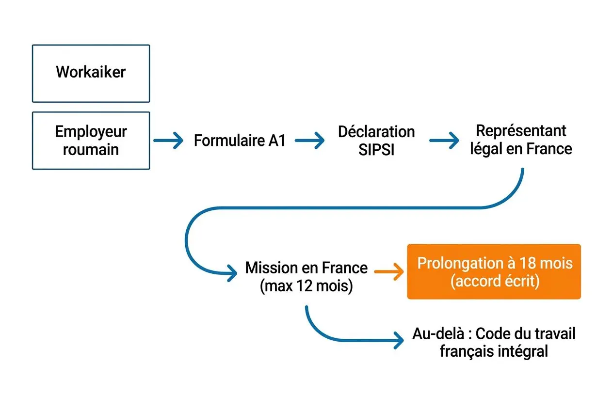 Diagramme montrant le parcours administratif pour un travailleur roumain en France: formulaire A1, déclaration SIPS, représentant légal, mission en France et prolongation à 18 mois, avec code du travail français. Intègre le concept “un roumain peut-il travailler en france” dans le contexte.