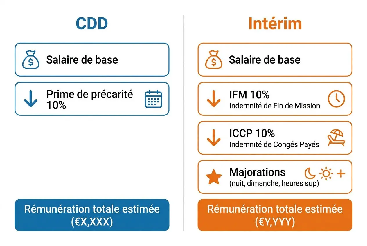 Différence entre CDD et intérim pour le salarié : comparaison visuelle des éléments de chaque contrat (salaire de base, primes, indemnités et majorations).
