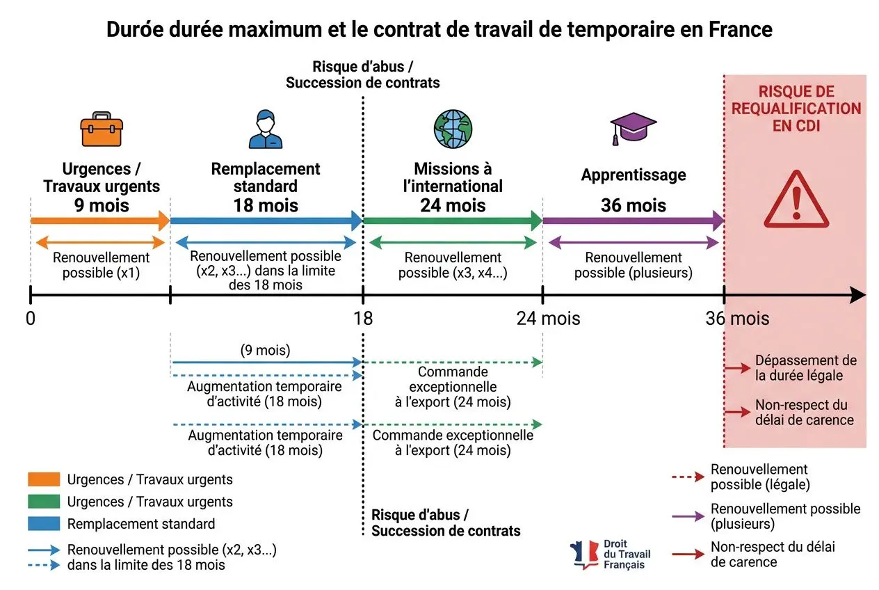Durée et renouvellement des contrats d’intérim en France, affichage clair des étapes et risques, incluant 9 à 36 mois selon mission avec renouvellements possibles. durée maximum contrat d intérim