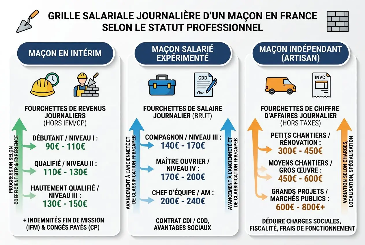 Grille salariale d’un maçon en France : salaire journalier brut selon le statut professionnel.
