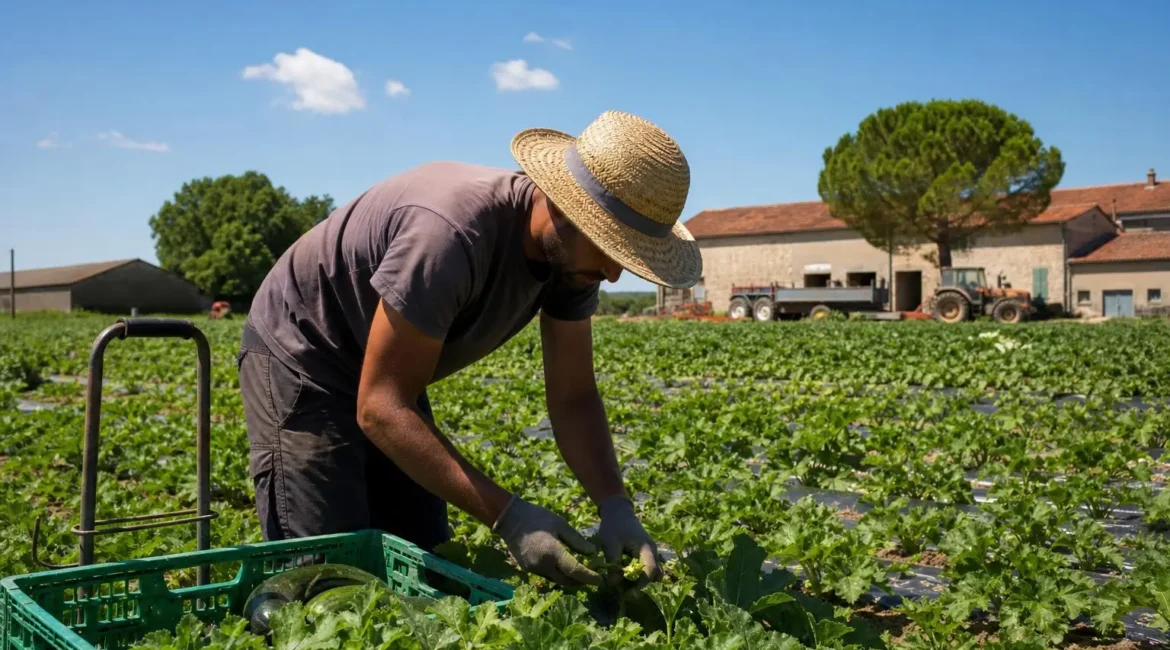 Homme à chapeau de paille récoltant des légumes dans une exploitation agricole en plein air, près d’un champ de maraîchage. Agriculture emploi saisonnier.