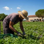 Homme à chapeau de paille récoltant des légumes dans une exploitation agricole en plein air, près d’un champ de maraîchage. Agriculture emploi saisonnier.