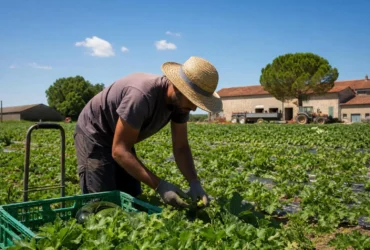 Homme à chapeau de paille récoltant des légumes dans une exploitation agricole en plein air, près d’un champ de maraîchage. Agriculture emploi saisonnier.
