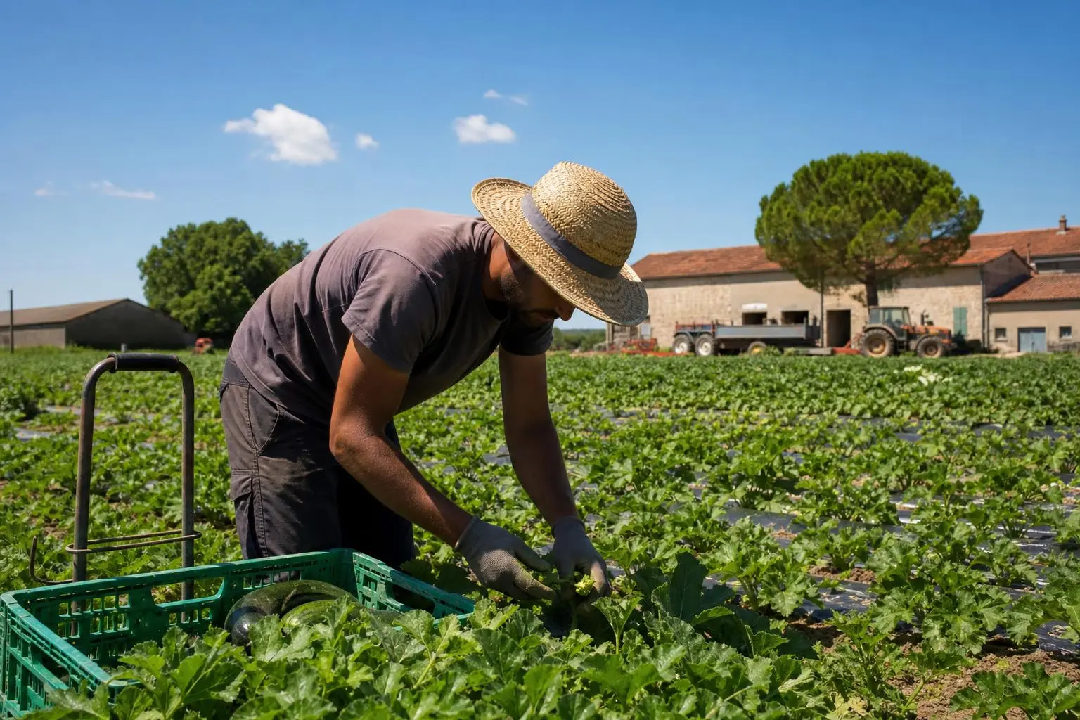 Homme à chapeau de paille récoltant des légumes dans une exploitation agricole en plein air, près d’un champ de maraîchage. Agriculture emploi saisonnier.