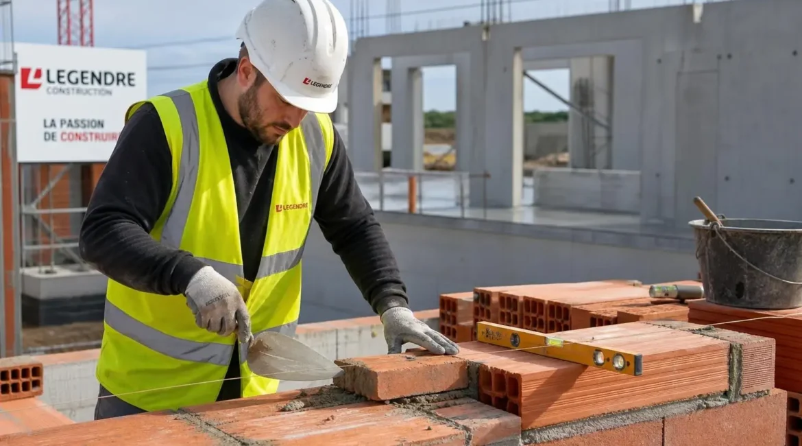 Homme maçon portant casque et gilet jaune sur un chantier, pose de briques rouges et outils à proximité, logo “LEGENDRE” en arrière. Comment recruter des maçons qualifiés.